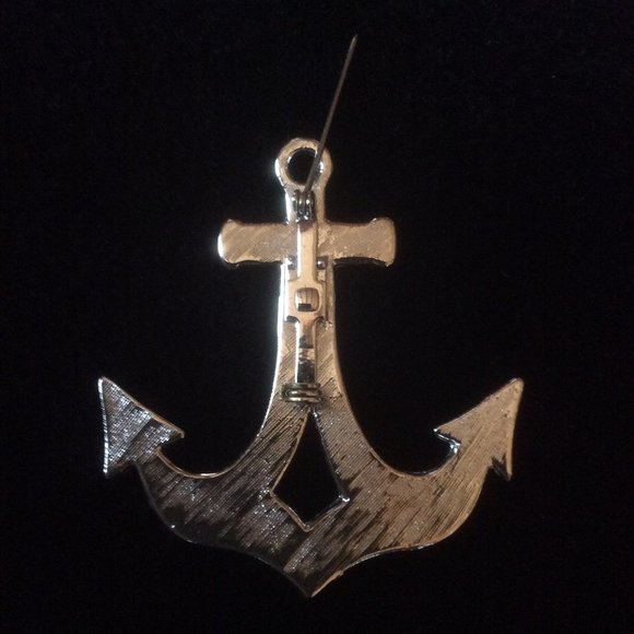 Vintage Blue & White Enamel Nautical Anchor Brooch Pin with Silver-tone Trimming - Picture 4 of 5